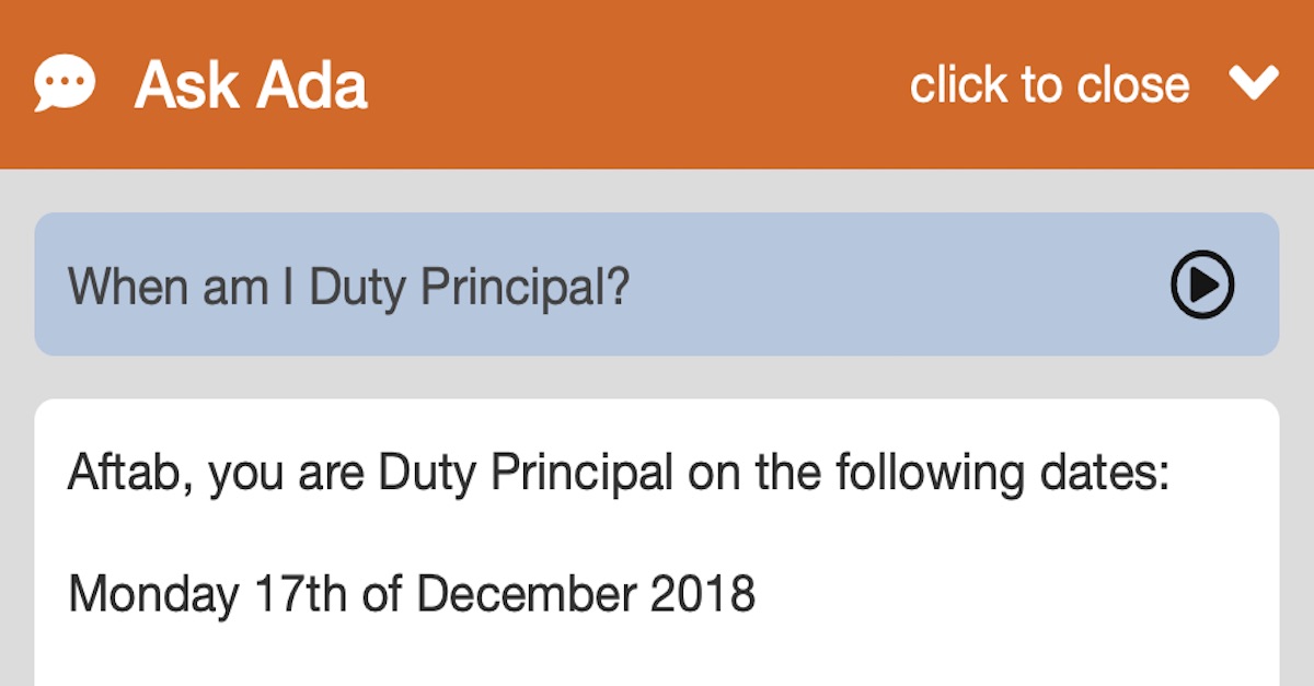 chatbot answering Duty Principal question